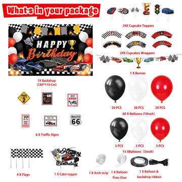 Mpanwen Race Car Birthday Party Supplies, 142 Pcs Racecar Racing Party Decorations For Boys Baby - Backdrop, Banner, Cake, And C