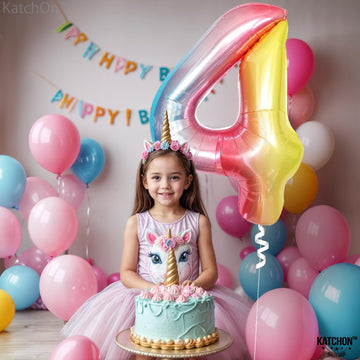 Katchon, Giant, Rainbow 4 Balloon Number - 40 Inch | Number 4 Balloon, Unicorn 4 Birthday Decorations | Number Four Balloon, Unicorn Rainbow 4Th Birthday Decorations | Mermaid Birthday Decorations