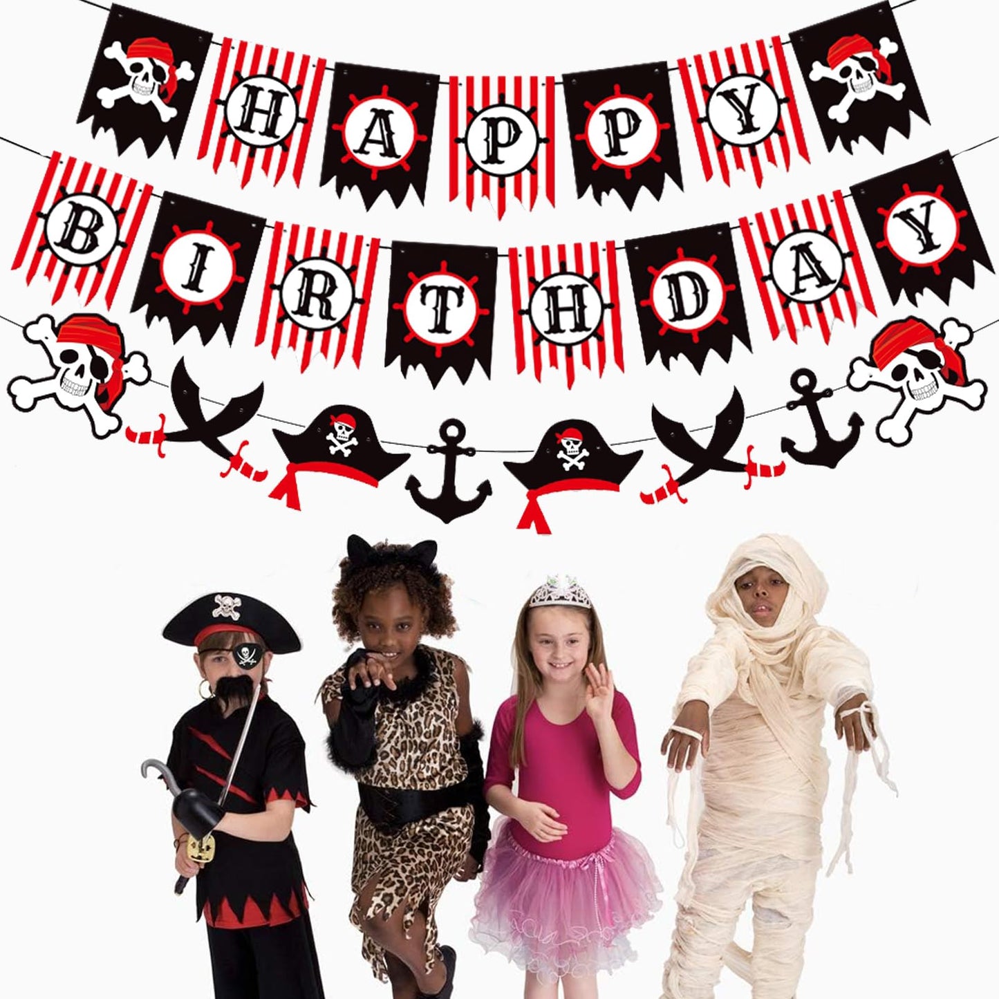 Zwiebeco Red Black White Happy Birthday Banner Pirate Bunting Garland Banner For Boys Girls Kids Teenagers Mens Womens Adults Bi