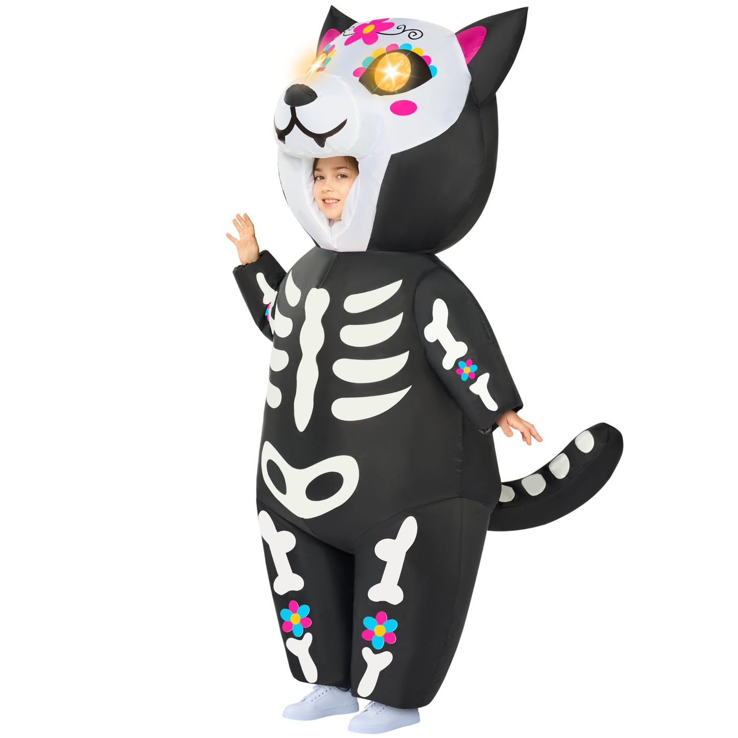 Spooktacular Creations Kids Inflatable Costumes With Led Eyes, Halloween Skeleton Cat Blow Up Costumes For Girls, Full Body Kitty Inflatable Suit For Halloween Cosplay Parties