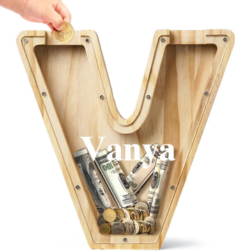 Bemaystar Personalized Piggy Bank: Customized Name Letter, Wooden Money Bank for Kids, Boys & Girls, Birthday