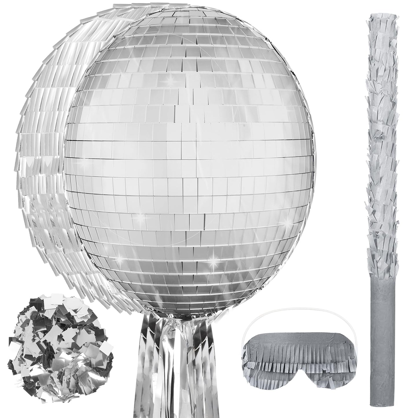 Aoriher Disco Ball Piata 12.6 x 12.6 x 3 Inch Disco Party Piata Mirror Disco Ball Piata Silver Foil Piata with Stick Mask Confet
