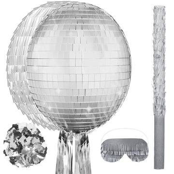 Aoriher Disco Ball Piata 12.6 x 12.6 x 3 Inch Disco Party Piata Mirror Disco Ball Piata Silver Foil Piata with Stick Mask Confet