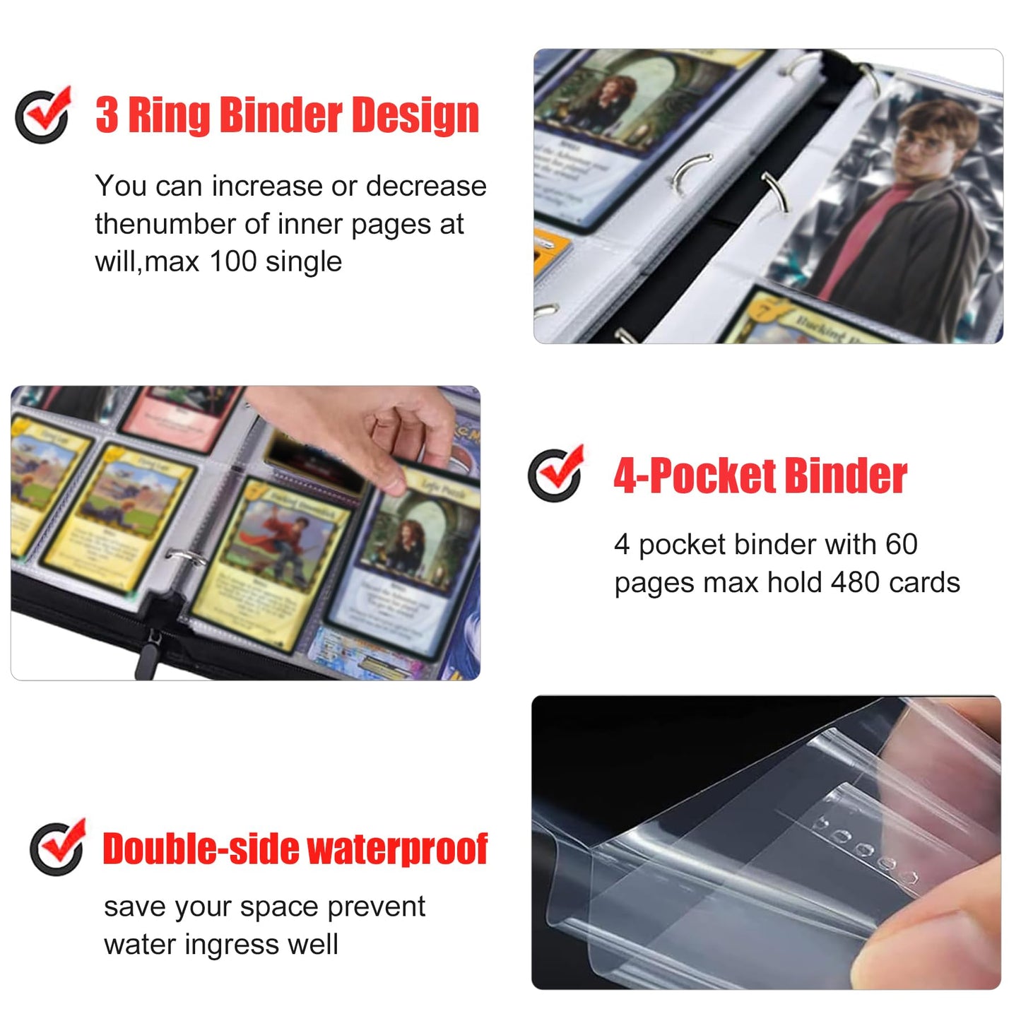 Anime Card Binder for Trading Cards 4 Pocket with 60 Sleeves up to 480 Cards Waterproof Card Storage Bag with Sleeves