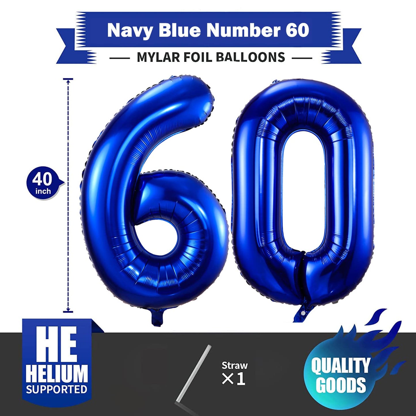 BBPOOL Navy Blue 60 Balloon Numbers - 40 Inch Large Foil Mylar Balloons for Birthday Party & Anniversary Decorations