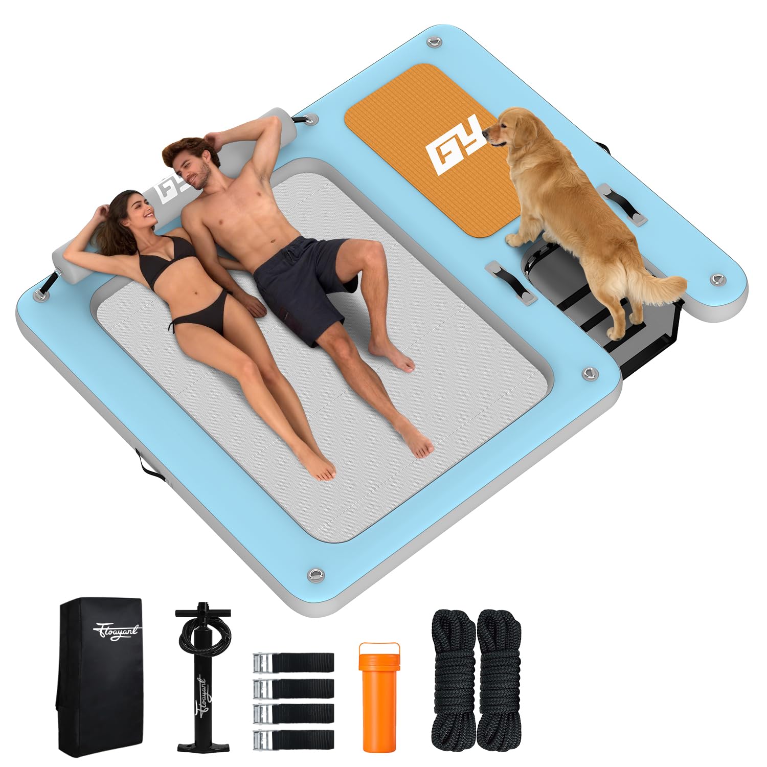 Inflatable Dock Floating Platform with Ramp| 3-in-1 Floating Dock| Sunchill Float 3-5 Person & 700 Lbs| Large Mesh Layer Hammock
