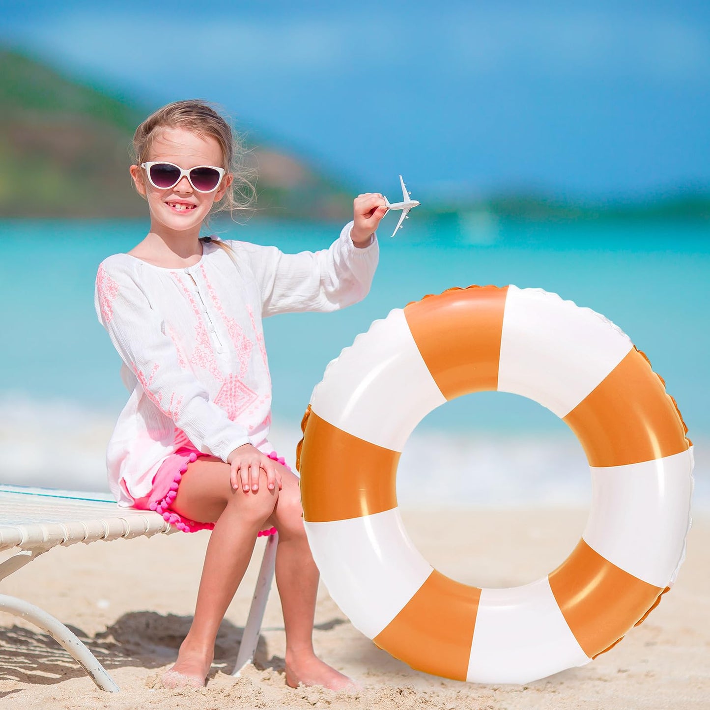 Whaline Inflatable Swimming Float Toy - 4Pcs Striped Swim Ring Pool Lounger Tube, 22.8 Inch, Orange, Fun Print for Summer Beach Party