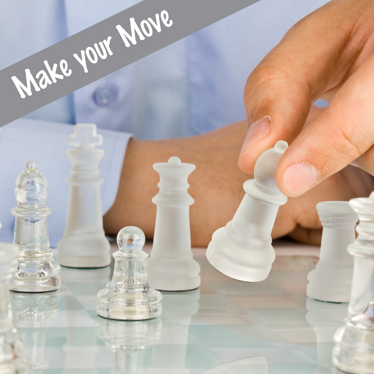 Gamie enhanced Glass Chess Set  14 Inch - Elegant Design - Durable Build - 32 Frosted and Clear Pieces - Felted Bottoms - Easy to Carry - Stable & Fully Functional for Chess Lovers
