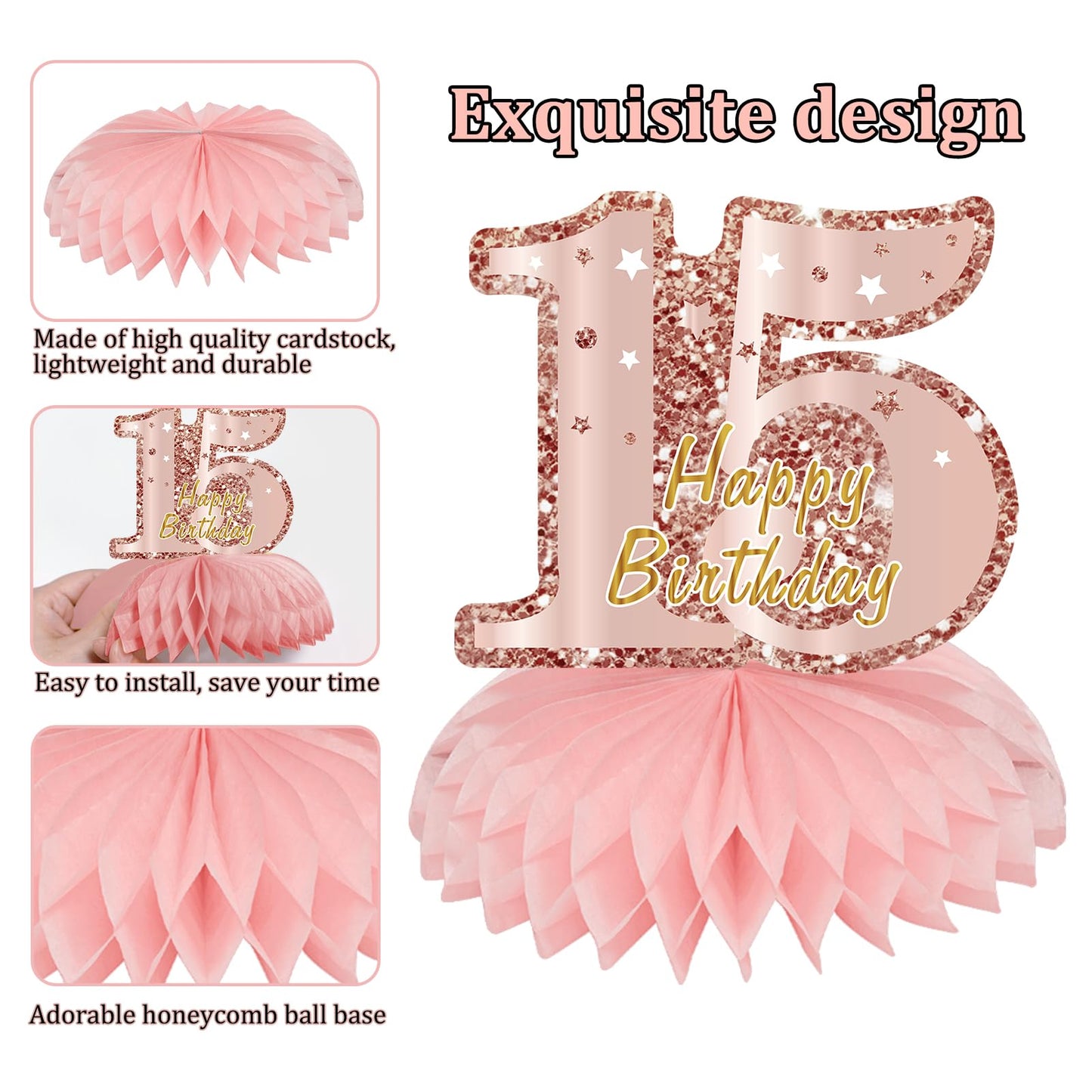Turypaty Pink Rose Gold 15Th Birthday Honeycomb Centerpieces Decorations For Girls, 9Pcs Rose Gold Happy 15Th Birthday Table Cen