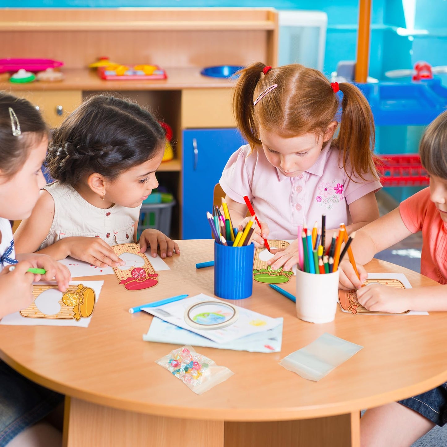 ReliThick 100 Set Valentines Day Candy Cards Candy Making Kit Kraft Paper Mason Jar Personalized Valentine Exchange Cards for Pr