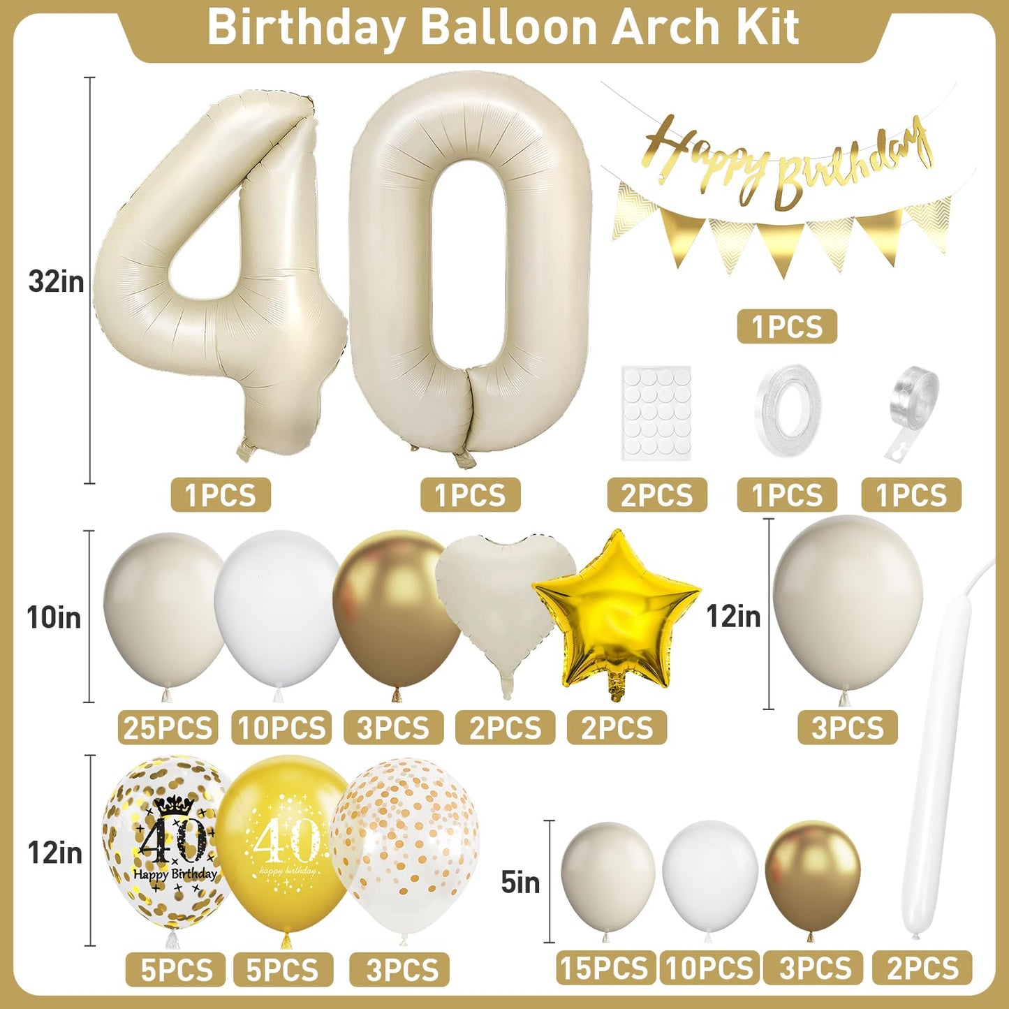 40Th Birthday Decorations Sand White Gold,40Th Birthday Balloon Arch Garland Kit With Happy 40Th Birthday Number 40 Foil Balloon