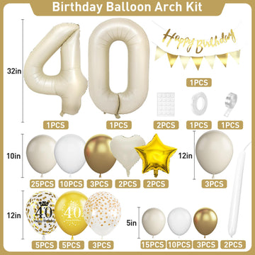 40Th Birthday Decorations Sand White Gold,40Th Birthday Balloon Arch Garland Kit With Happy 40Th Birthday Number 40 Foil Balloon