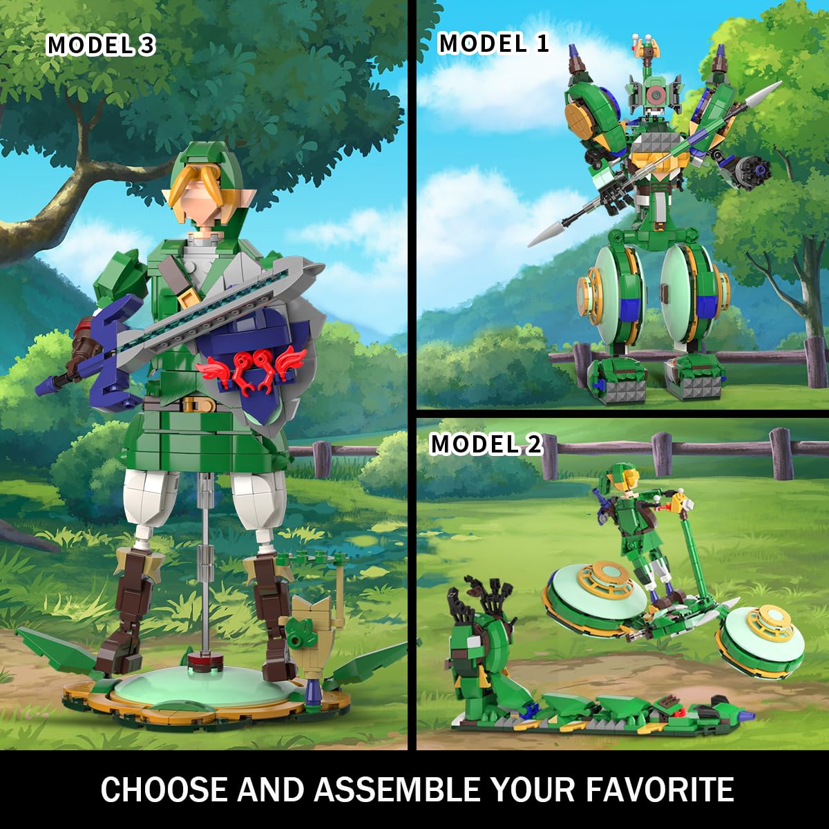 TOY PLAYER 3 in 1 BOTW Building Set - Transforms to Link, Battle Robot, Glider Bike, 850PCS, Small, Plastic