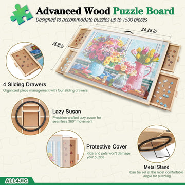 ALL4JIG 2-in-1 Tilting Puzzle Board - 1500 Pieces, Adjustable Angle, Wood, Iron, 34.2" x 25.2", with 4 Draw