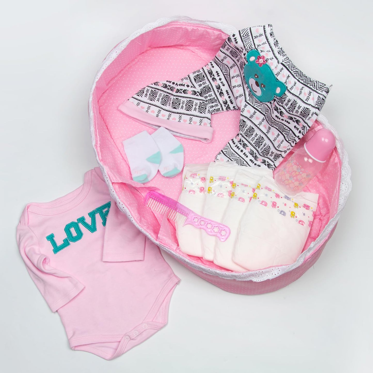 11 Pcs Reborn Baby Dolls Clothes Accessories Pink Outfit with Bassinet&Diaper for 17-22 Inch Reborn Doll Clothes fit Newborn Baby Doll Girl