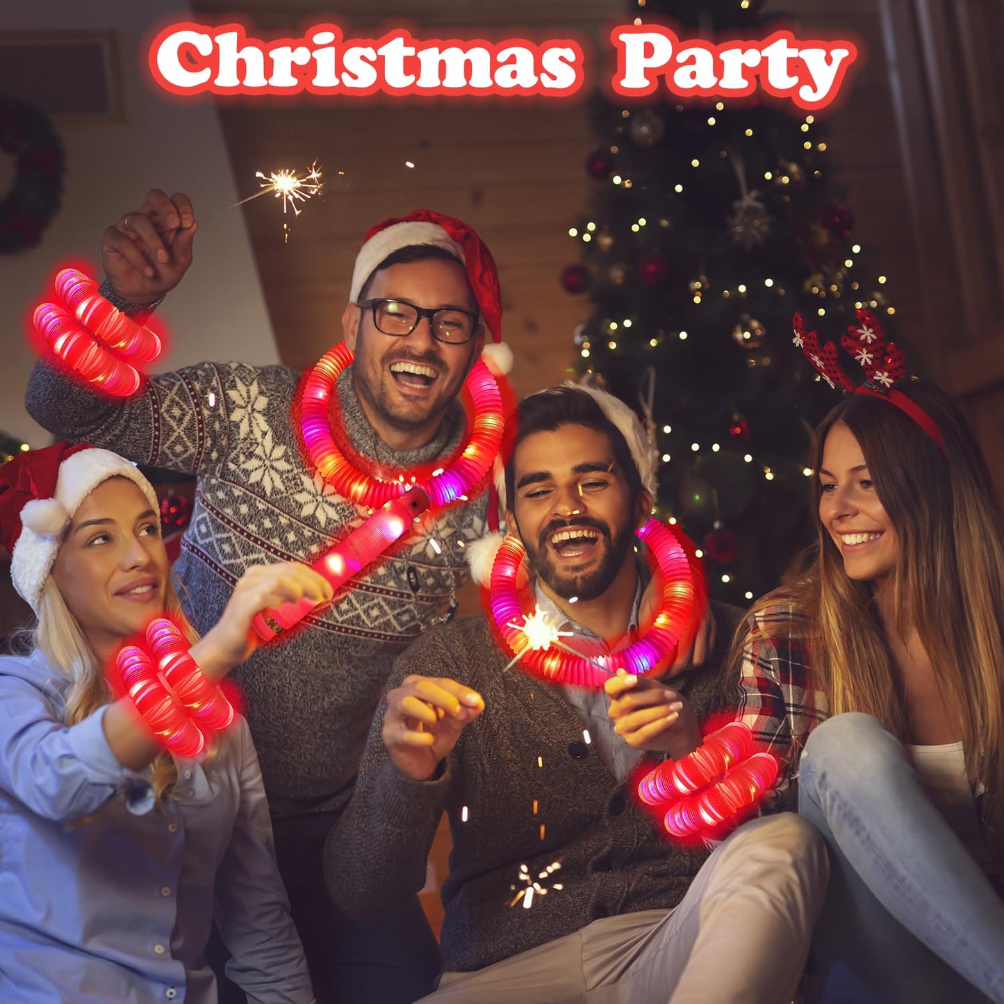 24 PCS Red Glow Sticks Party Favors for Kids, Christmas LED Light Up Necklaces Bracelets Accessories for Toddlers, Glow New Year