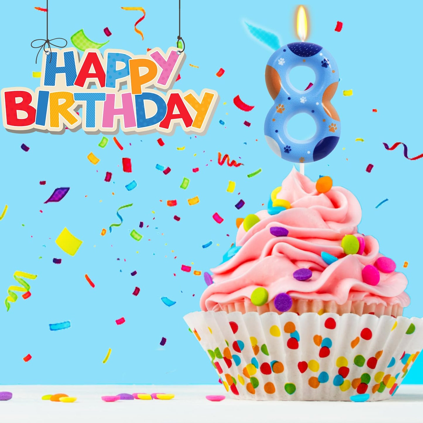 ElekFX Blue Dog Paw Birthday Candles, Number 8 Paw Print Birthday Party Supplies, 2.76 inch Paw Cake Topper Decorations, Birthda