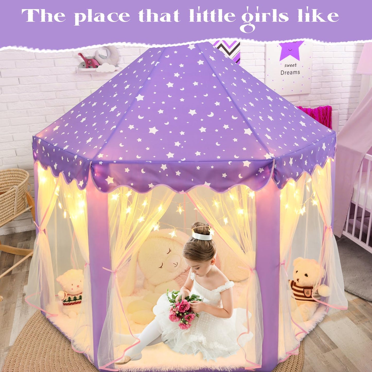 Kixinwa Purple Princess Tent For Girls, Kids Play Tent With Led Small Star Lights, Castle Playhouse Tent For Children Toddlers I