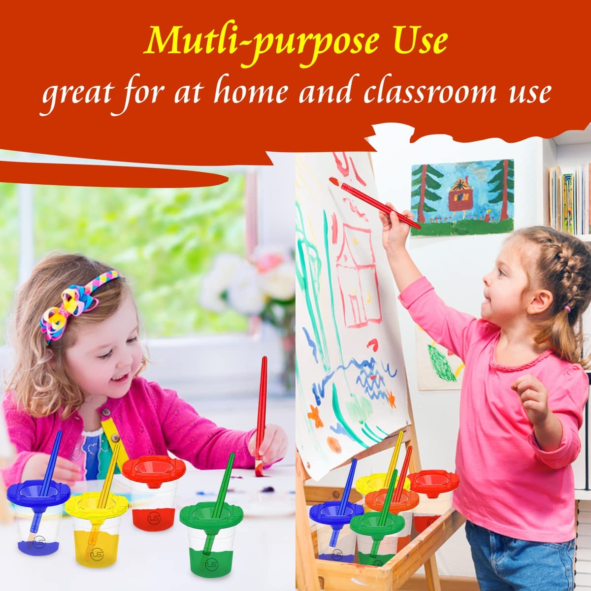 Paint Cups - Paint Cups with Lids for Kids with Toddler Paint Brushes, Paint Containers with Lids Toddler Art Supplies Paint Cup