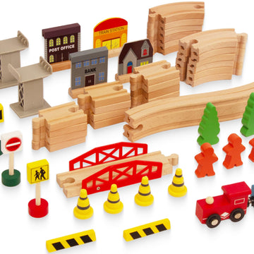 Woodenedu 60Pcs Train Set For Toddlers, Bridge & Double-Side Wooden Train Set Tracks, Fits Brio, Thomas, Melissa And Doug, Kids