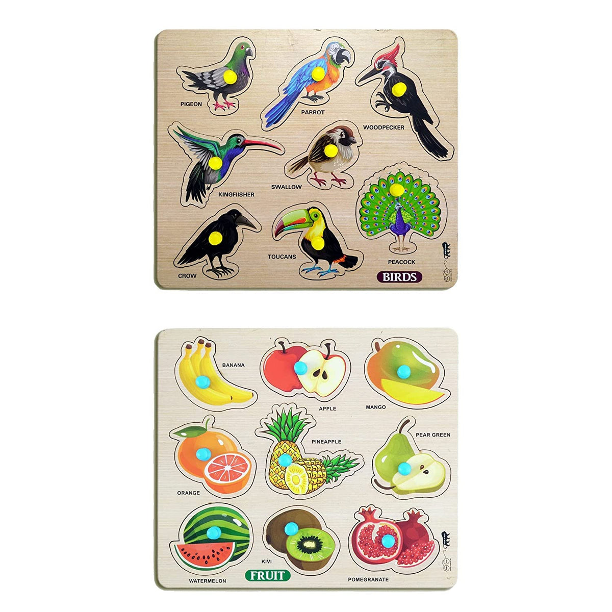 GREST Mini Wooden Birds and Fruits Puzzle with Knobs, Educational and Learning Game for Kids