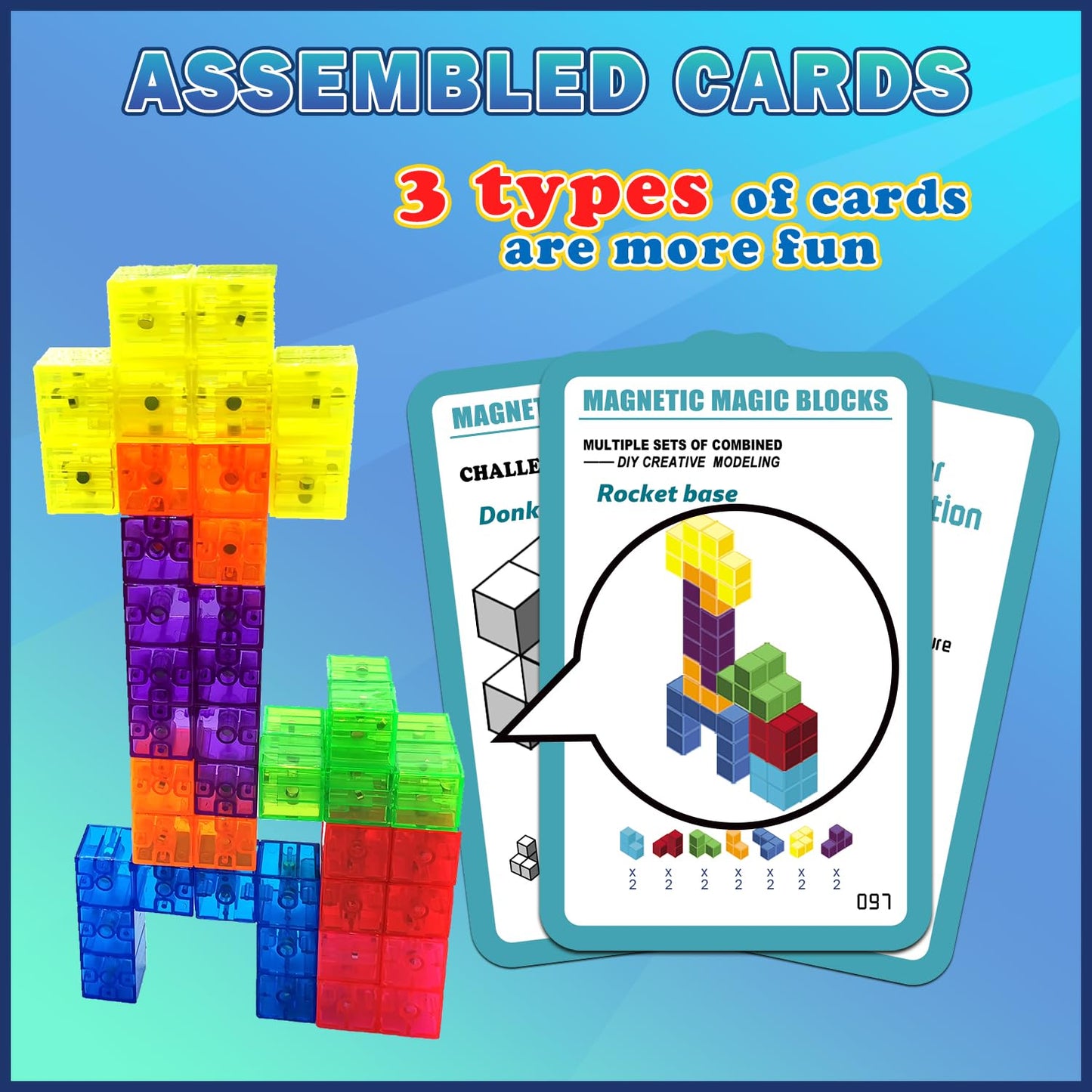 Coskehan Magnetic Building Blocks, Stem Magic Magnetic 3D Puzzle Cubes, 7 Pcs Preschool Multi Shapes Magnetic Toys With 54 Cards