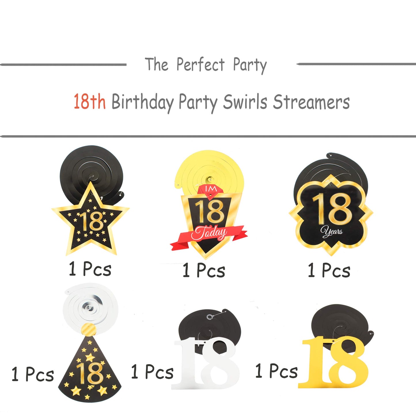 LINGTEER Happy 18th Birthday Decorations - 12Pcs Birthday Black & Gold Swirls Streamer Set,Cheers to Eighteen Years Old Bday Par