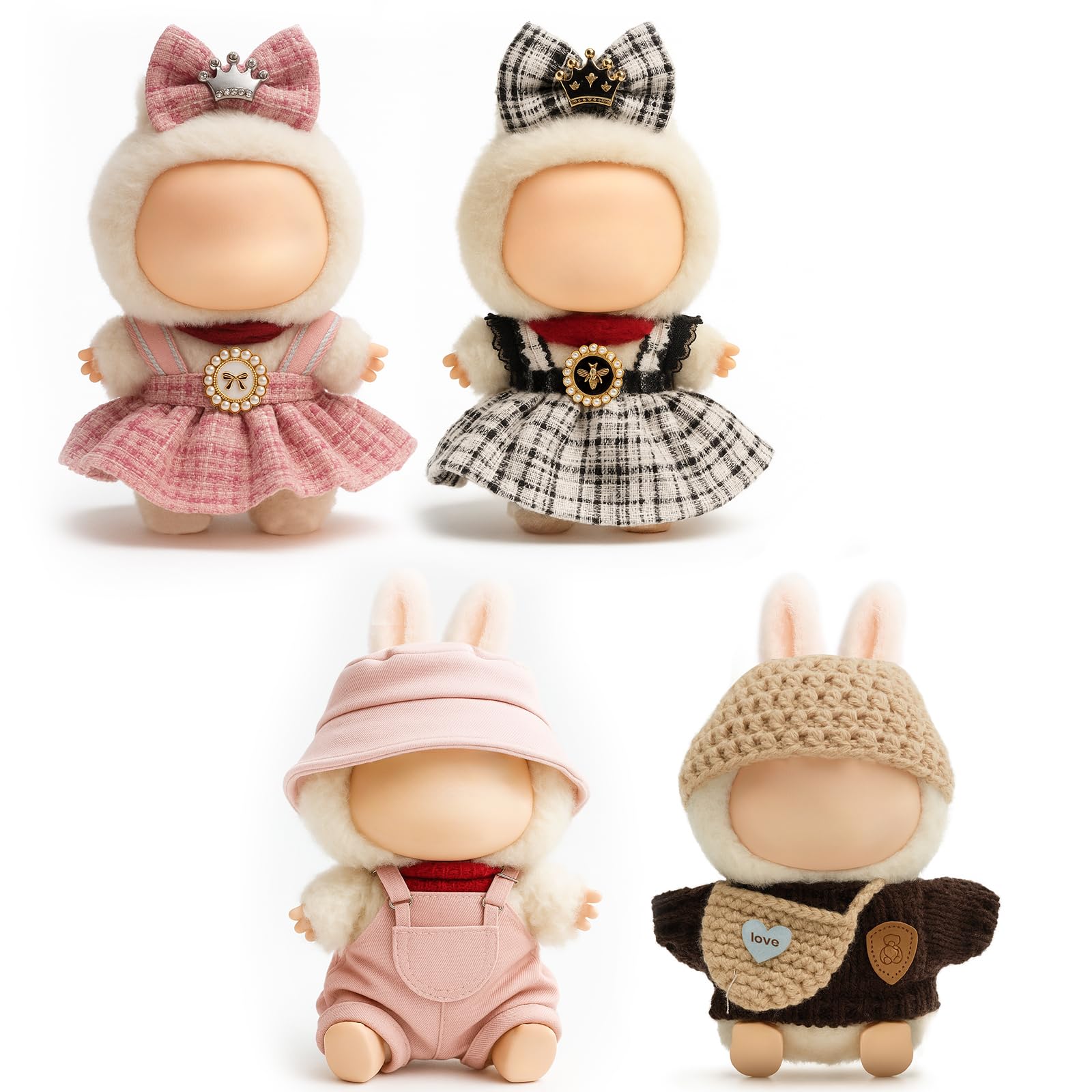 (4-Pack) 17cm Clothes Set  Black Plaid Outfit & Pink Plaid Dress Set with Bow Clip and Metallic Details  Cute Pink Clothing  Knitted Doll Clothes with Hat & Crossbody Bag for 17cm Doll