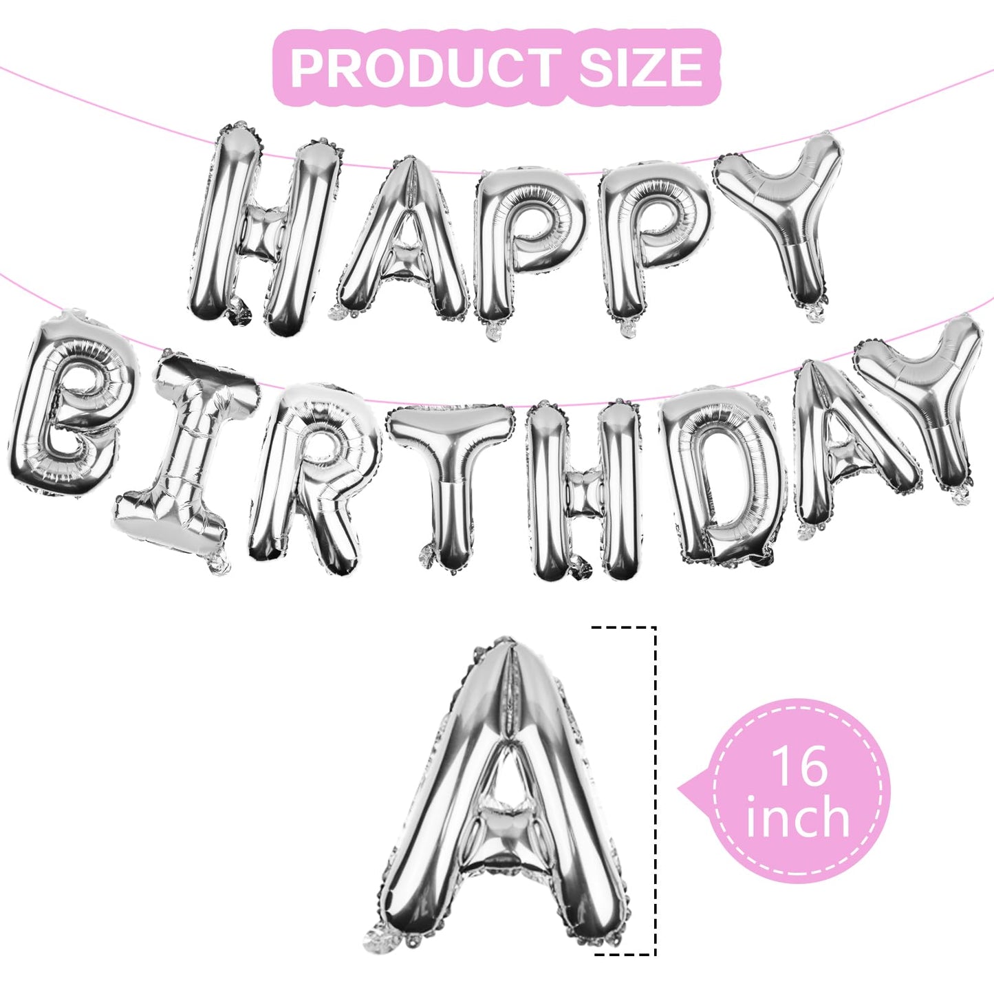 WESTGO Happy Birthday Balloons Banner | 16" Sliver Mylar Foil Letters | Reusable Party Decor for Kids & Adults