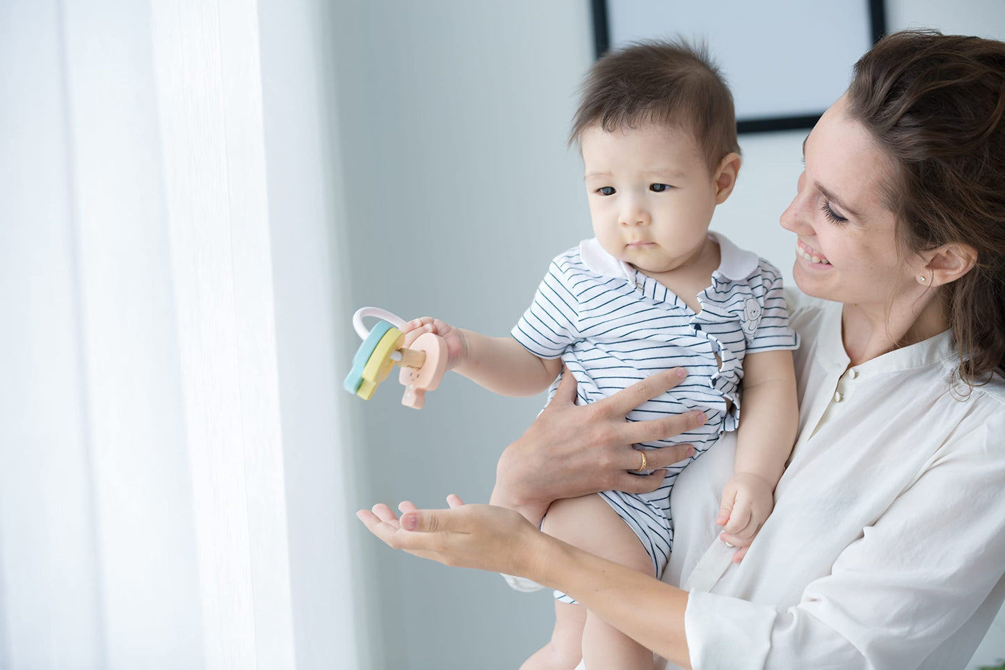 Plantoys Wooden Key Rattle And Teether Toy (5251) | Pastel Color Collection | Sustainably Made From Rubberwood And Non-Toxic Pai