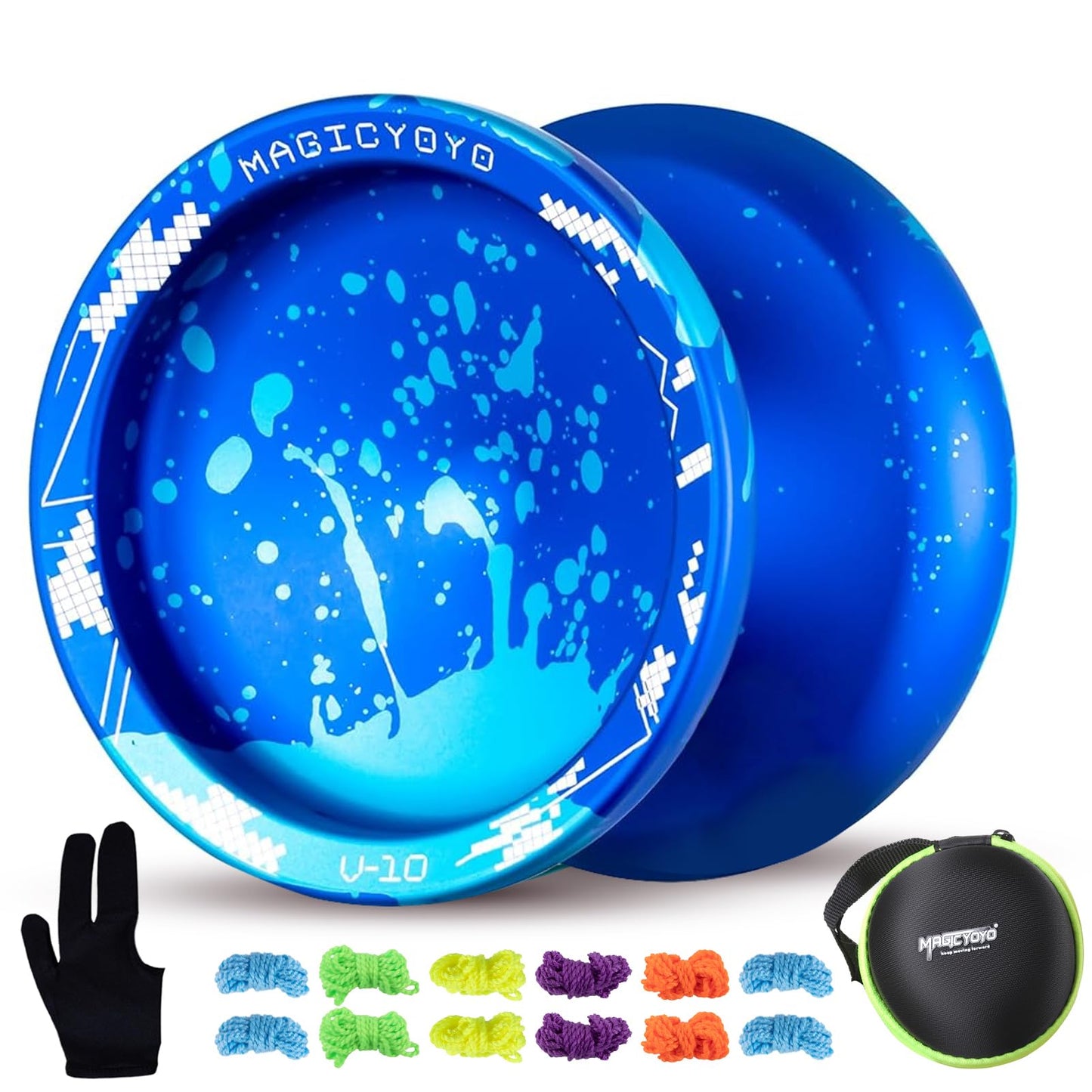 Magicyoyo V10 Professional Finger Spin Yoyo With 12 Strings, Case, Glove (Royal Blue Sky Blue)