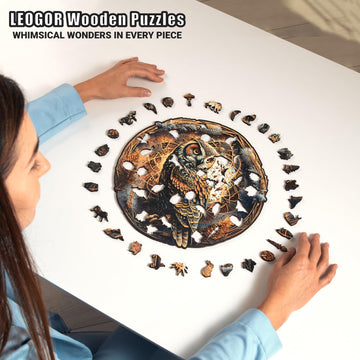 Leogor Mosaic Wooden Jigsaw Puzzles For Adults With Whimsical Pieces – Unique Owl Gifts For Owl Lovers With Animal-Shaped Wood Pieces – Beautiful Design, 200 Piece, Medium 12'' X 11.8''