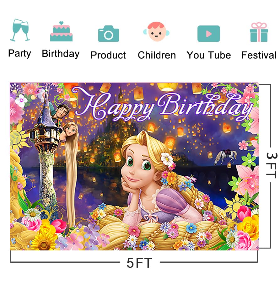 Basifoto Princess Rapunzel Backdrop 5x3ft for Birthday Party - Tangled Theme Banner