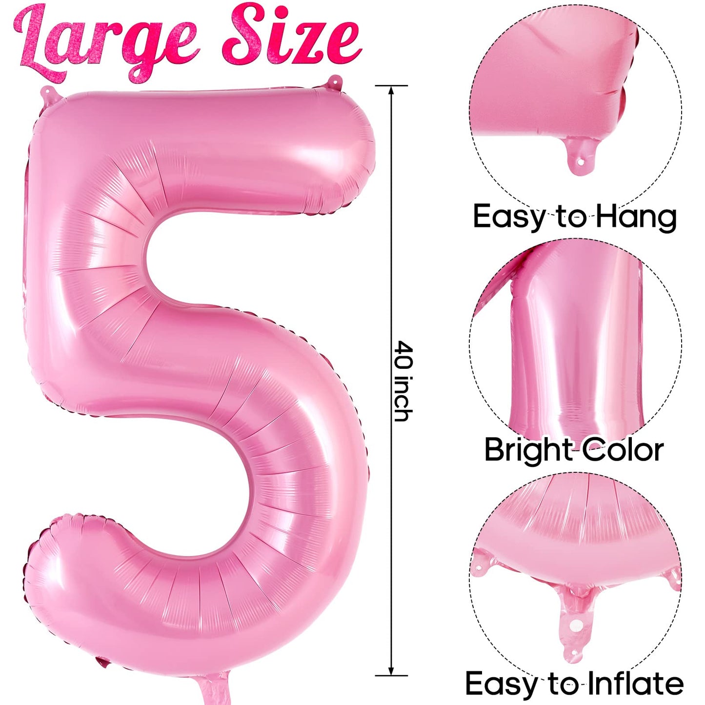 Pink Number 5 Balloon 40 Inch, Big Large Foil Helium Number Balloons, Jumbo Giant Mylar Number 5 Balloons For 5 Year Old Birthda