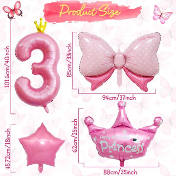 3Rd Birthday Decorations For Girls, Pink 3Rd Birthday Balloon Set With 40 Inch Pink Number 3, Large Helium Foil Mylar Crown Balloon, Pink Bow Foil Balloons For Baby Girl Daughter First Birthday Party