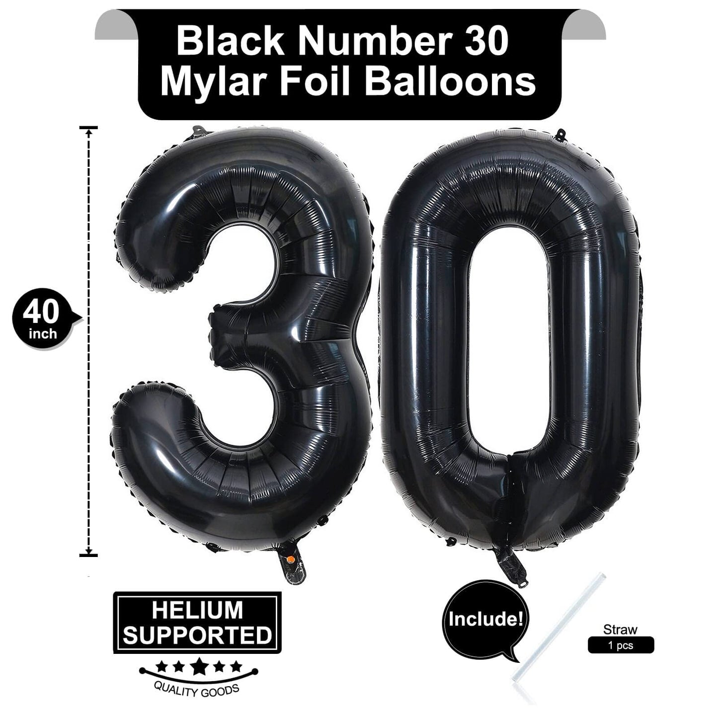 40 Inch Black 30 Number Balloons Giant Jumbo Huge 30 Foil Mylar Helium Number Digital Balloons Black Birthday Mylar Digital Ball