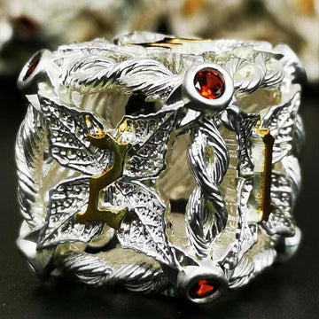 MJDICEOK Hollow Magic Vine Leaf DND Dice Set Metal Dice Set 7 Role Playing Dice D&D Dungeons and Dragons Dice (White + Red Gem)