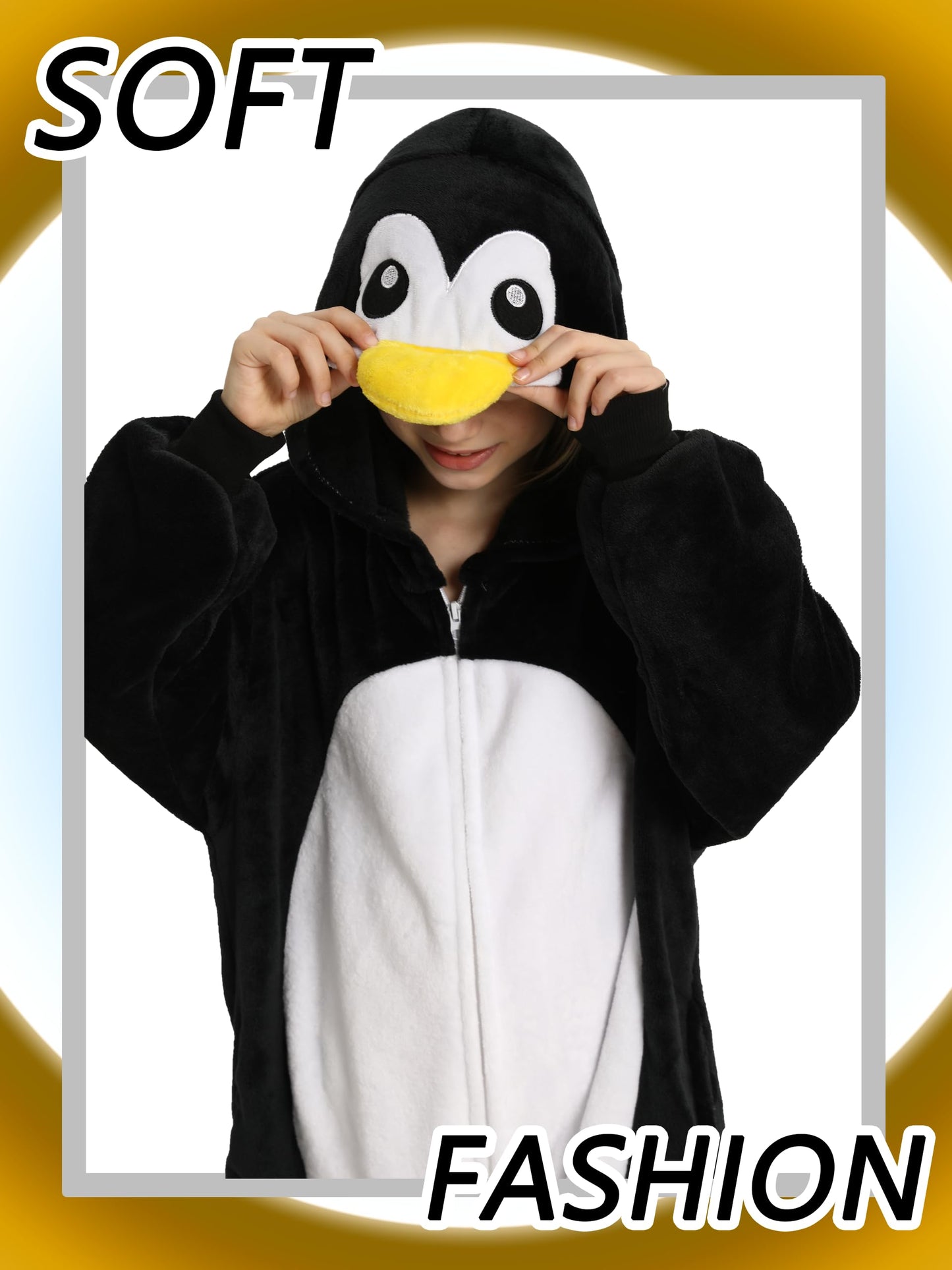 LONULAIN Unisex Kids Animal Oneise Pajamas, Boys Girls Flannel Hooded Halloween Cosplay Costume/Homewear/Sleepwear (Penguin,7-8