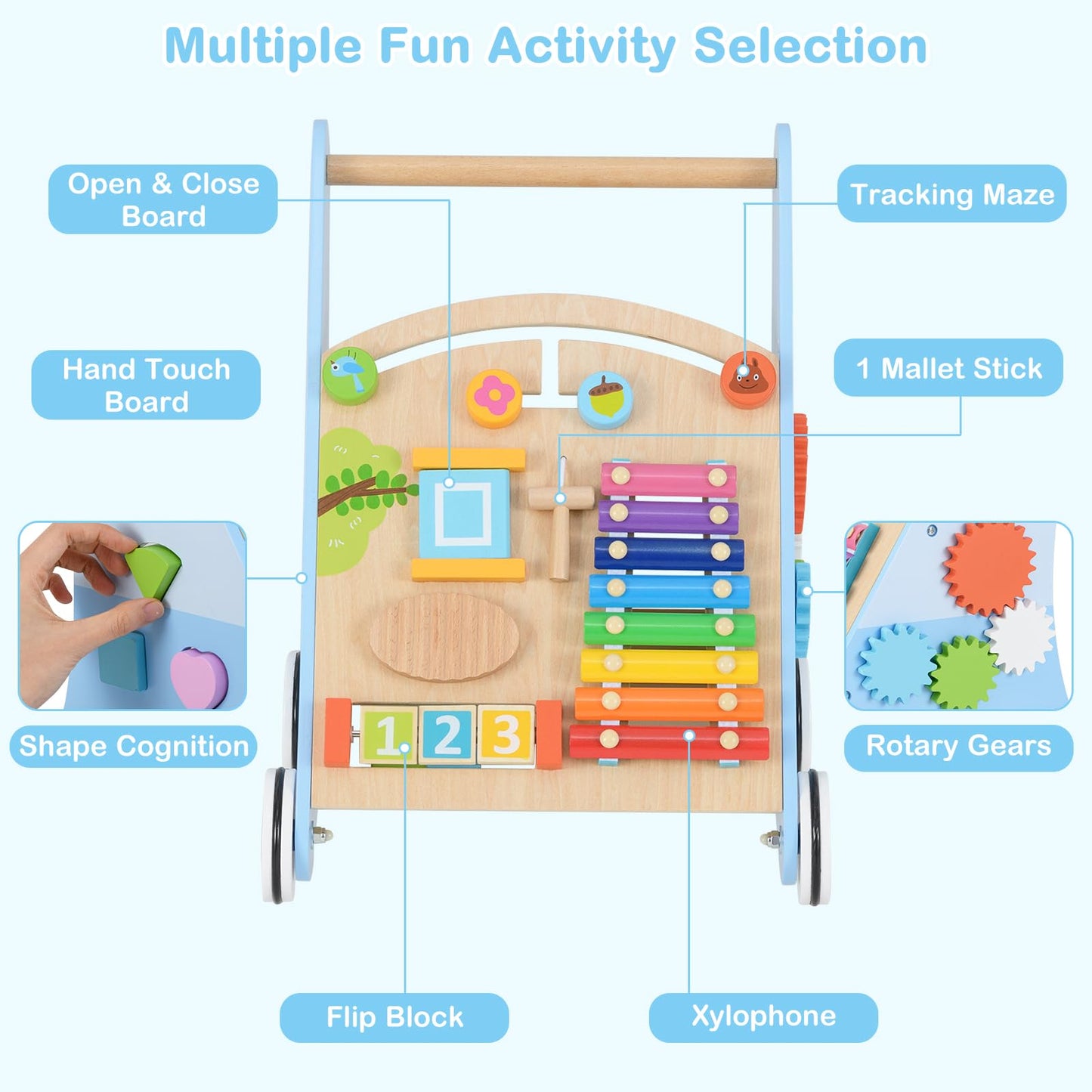 INFANS Wooden Baby Walker, Montessori Walker with Multiple Activity Toys, Storage, Push Toys for Infant Learning to Walk, Sit to