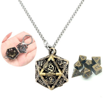 PJOY Mini Dice Set Tiny DND Dice with Bronze Hollow D20 Necklace Case D&D Portable 7PCS Keychain Antique Bronze Metal Dice Set f