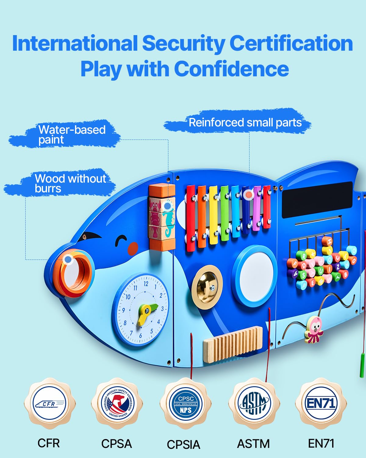 VEVOR Orca Activity Busy Board Wall, 12 Wall Activities Board, Montessori Sensory Wall Panel for Kids 3-12 Years, Sensory Wall A