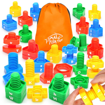 SMALL FISH Letters Learning Matching Game - 26 Alphabet Toys, 52 pcs Nuts & Bolts, Fine Motor Skills, Educational Montessori Toy for Toddlers