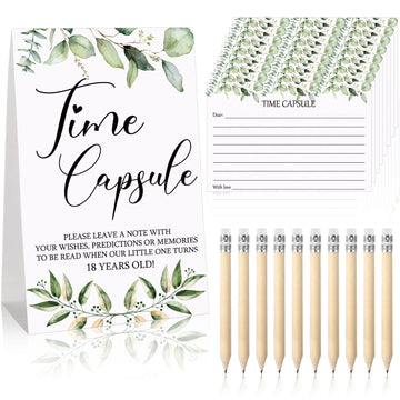 Fumete 61 Pieces Baby Shower Games Include Time Capsule Sign and 50 Time Capsule Message Cards Greenery Advice and Wishes Cards 