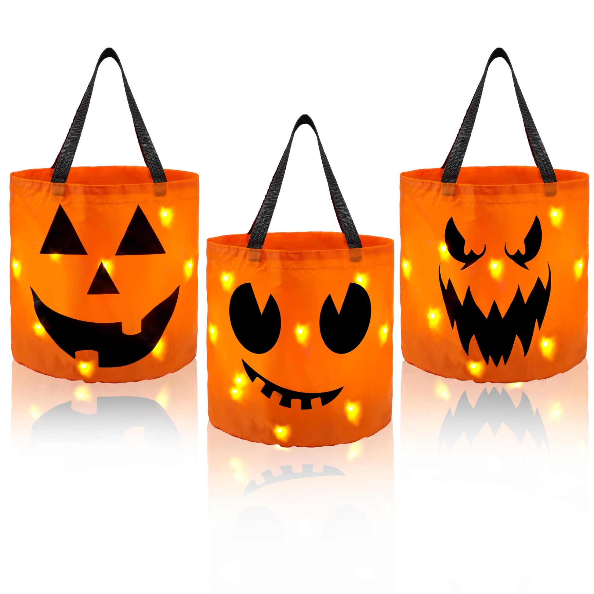 JOYIN 3 PCS Halloween Candy Pumpkin Buckets, 10.2 x 11.8 LED Light Trick or Treat Buckets, Orange Reusable Goody Treat Baskets f