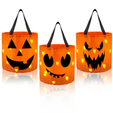 JOYIN 3 PCS Halloween Candy Pumpkin Buckets, 10.2 x 11.8 LED Light Trick or Treat Buckets, Orange Reusable Goody Treat Baskets f