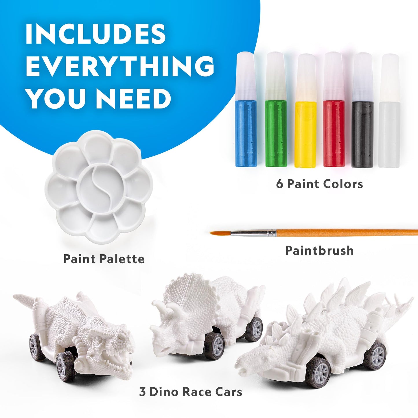 Blue Marble Dinosaur Race Cars Craft Kit - Paint 3 Cars with 6 Colors, Multicolor, Model RTDINOCAR, Kids Arts & Crafts
