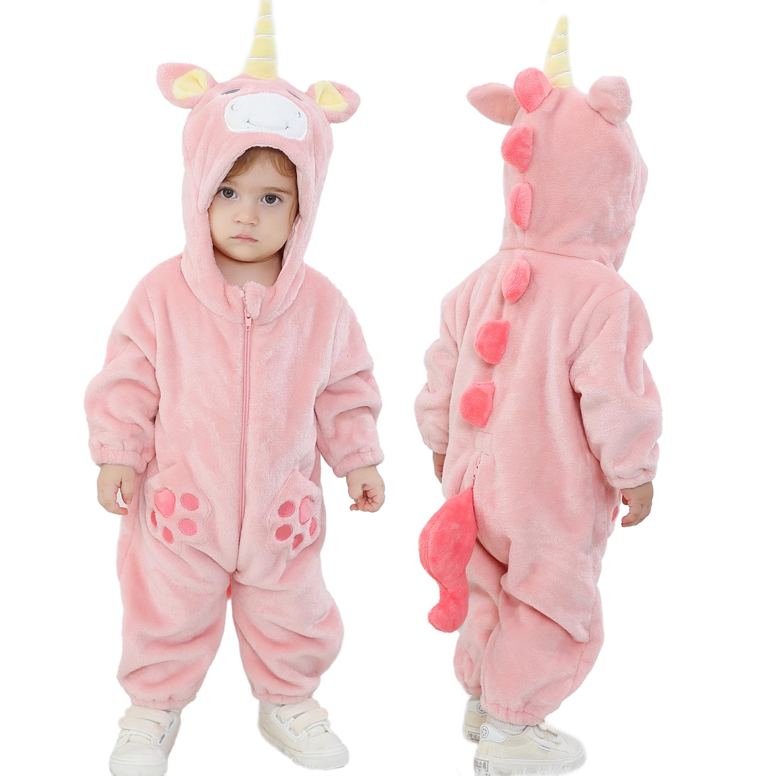 Lolanta Baby Girls Unicorn Costume, Infant Romper, Toddlers Fleece Hooded Jumpsuit, Cute Pink Bodysuit (Pink, 18-24 Months)