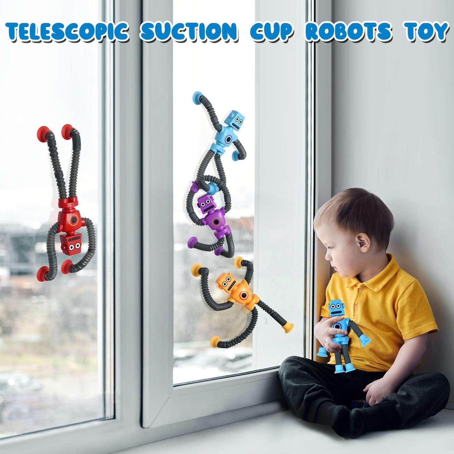 Pop Tubes Robot Fidget Toys (4 Pack), Telescopic Suction Cup Robotics Toy, Toddler Fine Motor Skills And Creative Learning, Auti