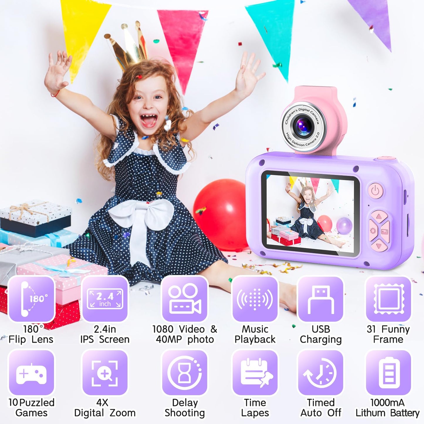 ARNSSIEN 2.4 Purple Kid Camera - Digital Selfie Camera with 180° Flip Lens & Playback Game for Ages 4-11, Perfect Christmas/Birthday Gift