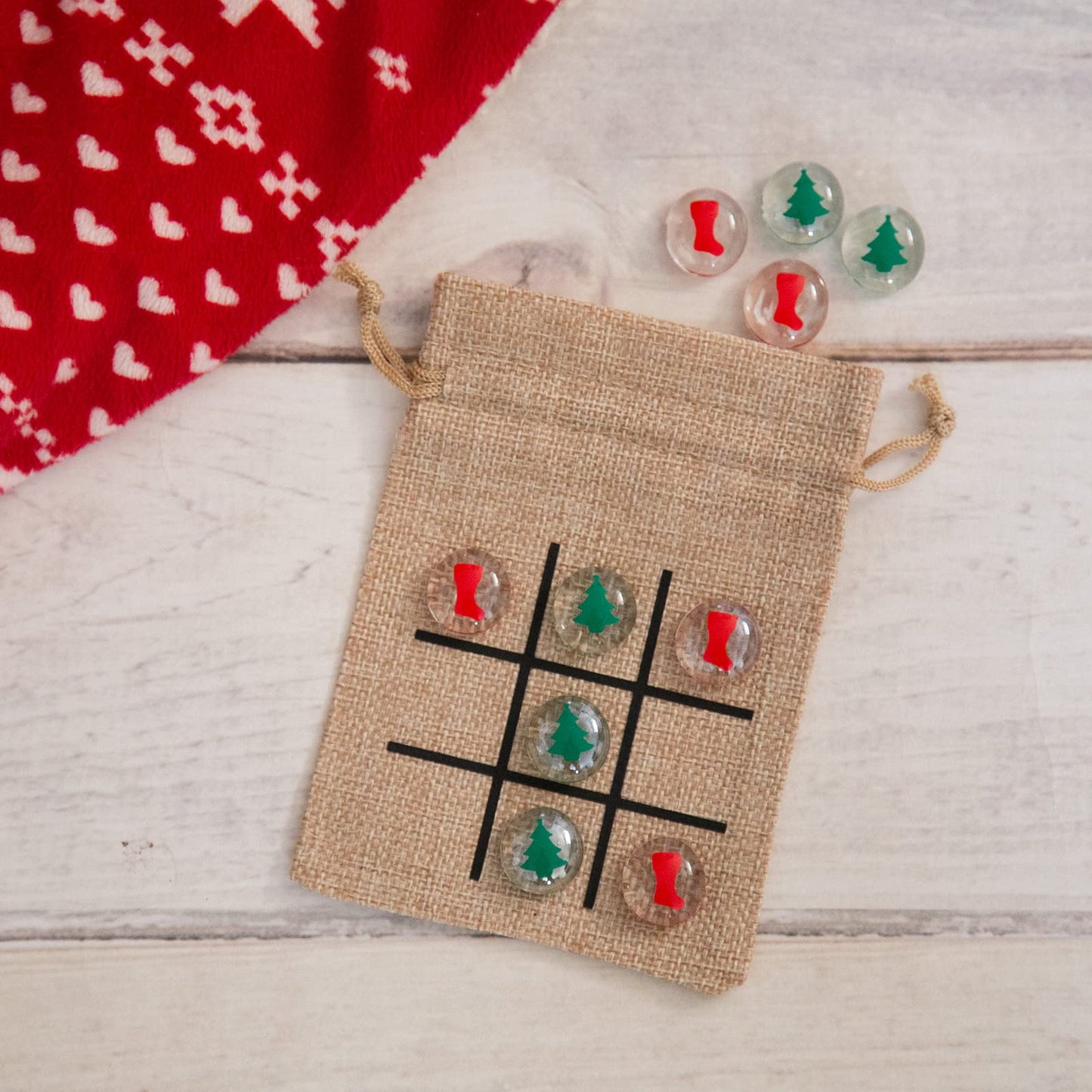 Christmas Themed Tic Tac Toe Game - Stocking Stuffer - Gift For Kids (Stocking & Tree)